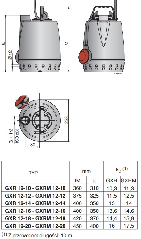 Wymiary pomp GXR/M 12 Calpeda: