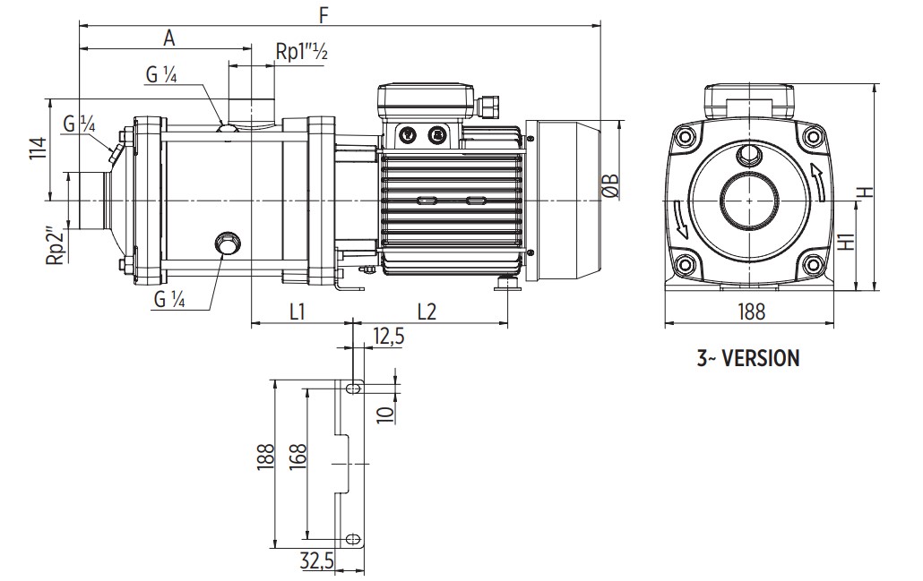 Wymiary pomp E-TECH EH 20/4T: