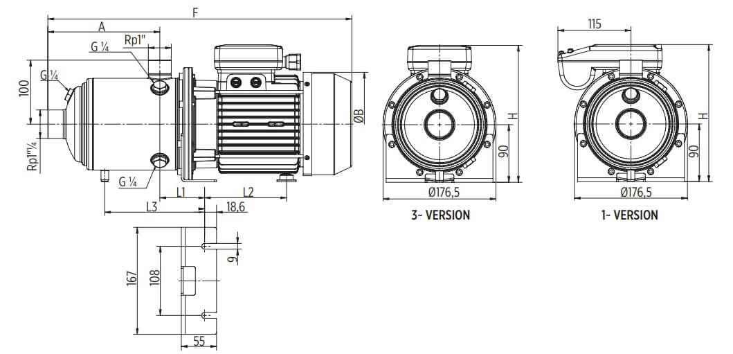 Wymiary pomp E-TECH EH 3/6: