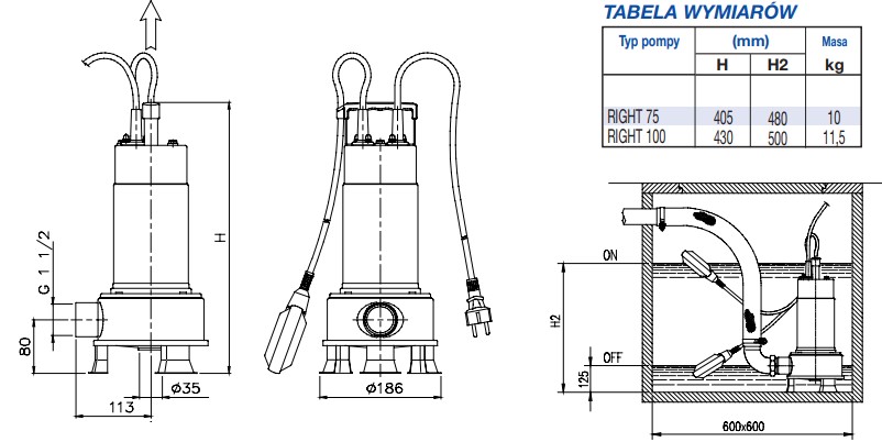 Schemat budowy i wymiary Ebara RIGHT