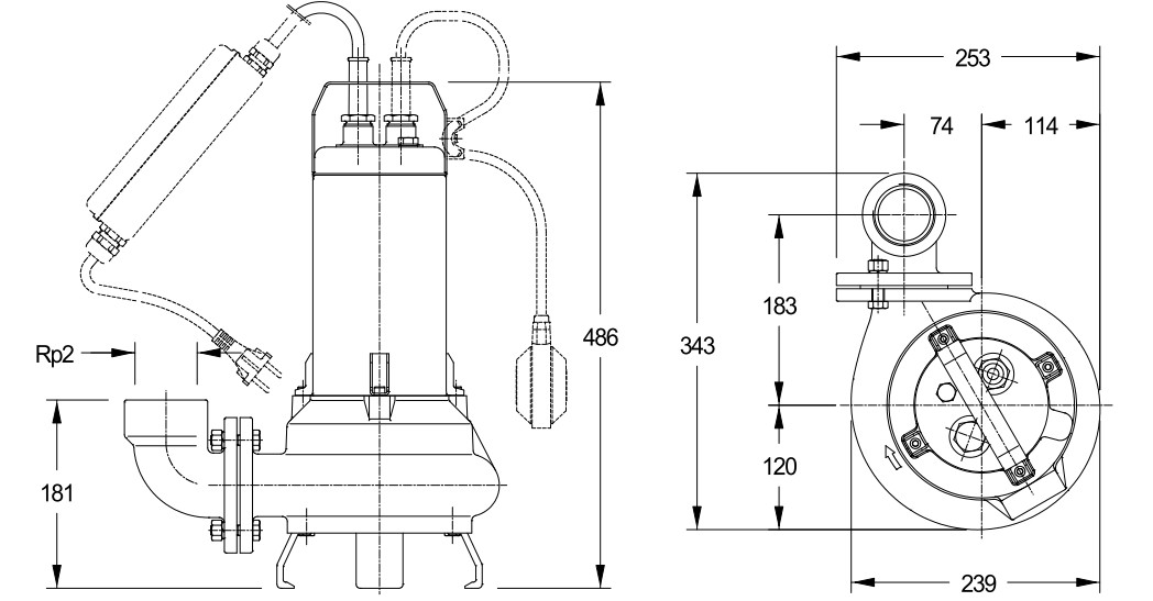 Wymiary pomp DLM 109 Lowara: