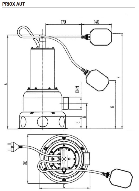 Wymiary pomp Nocchi PRIOX: