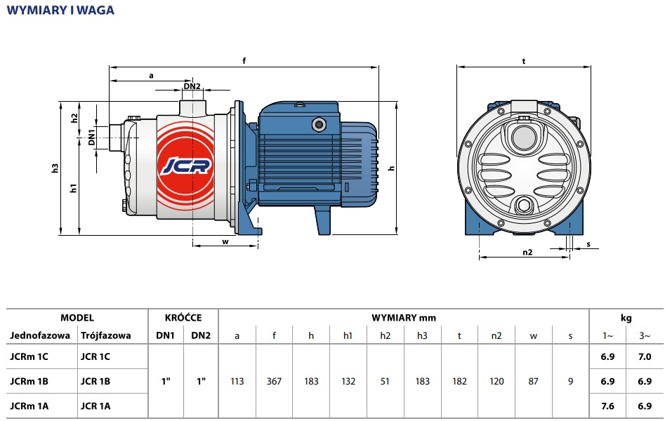 Wymiary pomp Pedrollo JCR: