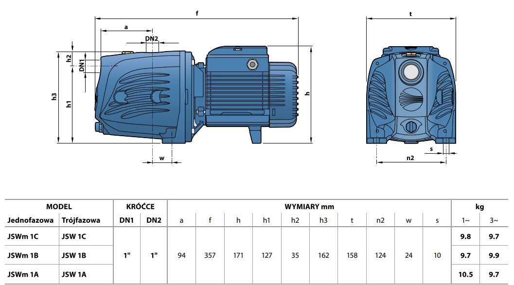 Wymiary pomp Pedrollo JSW1: