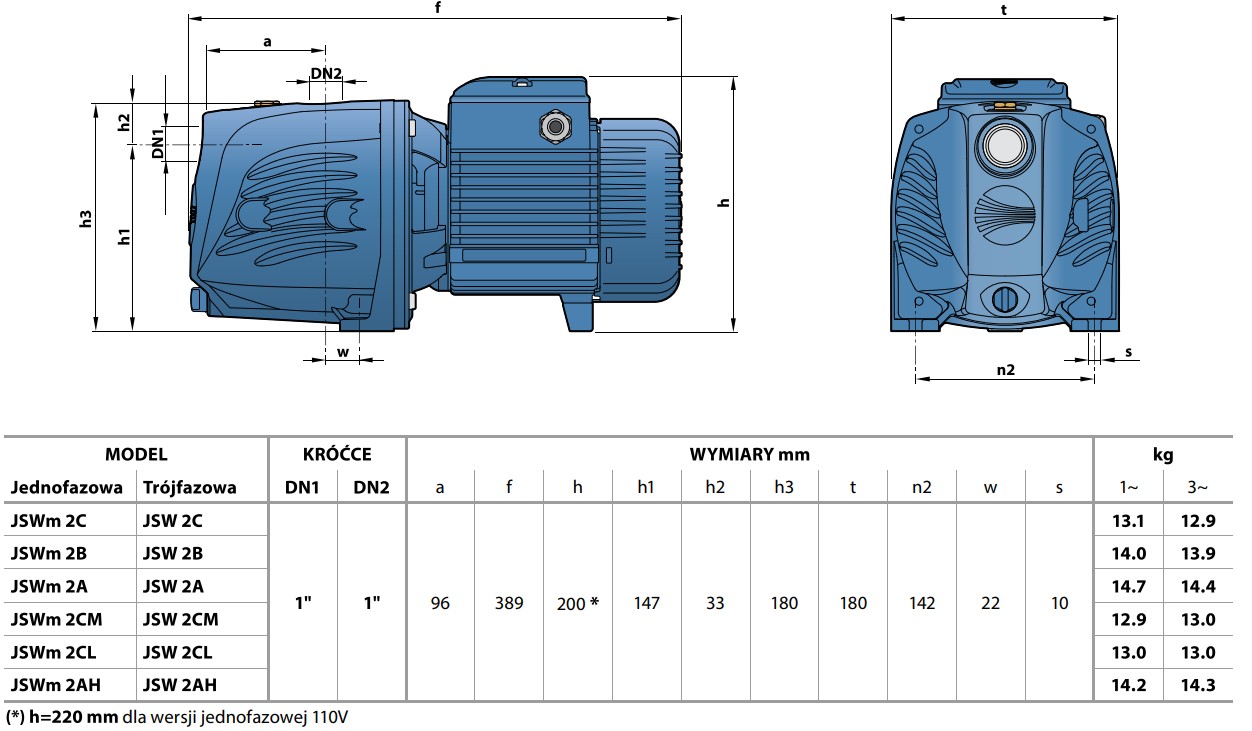 Wymiary pomp Pedrollo JSW2: