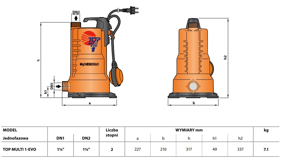 Wymiary pomp TOP MULTI-EVO Pedrollo: